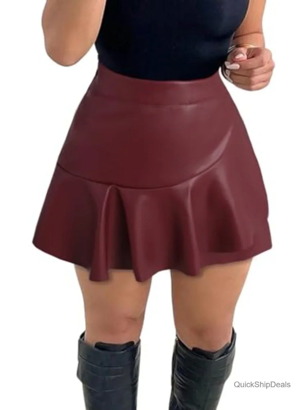 Women's PU Leather High Waisted Split Hem Mini Skort Faux Leather Bodycon Skirt